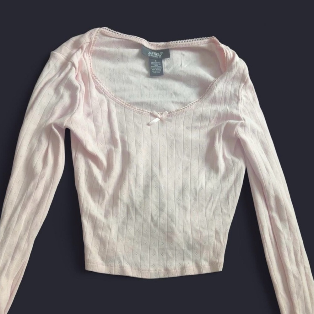Pink Ribbed Crop Blouse with Long Sleeves